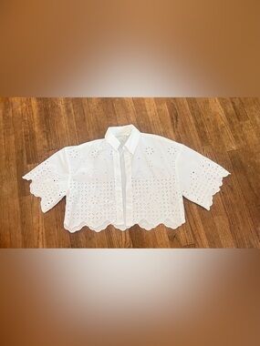 White Eyelet Cropped Button-Down Top